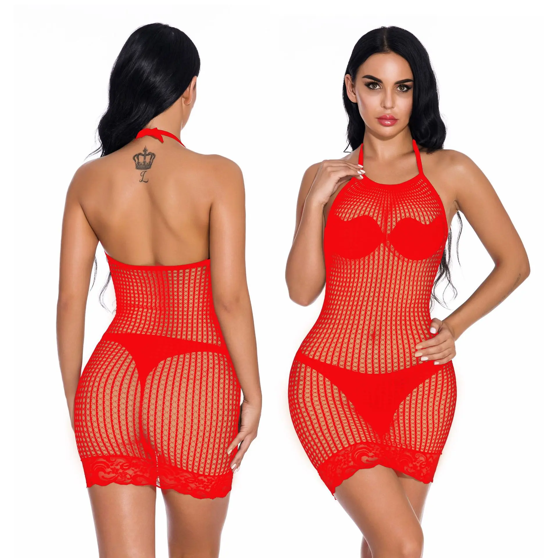 Women Lingerie Fishnet Babydoll Halter Stretch Chemise Bodystocking