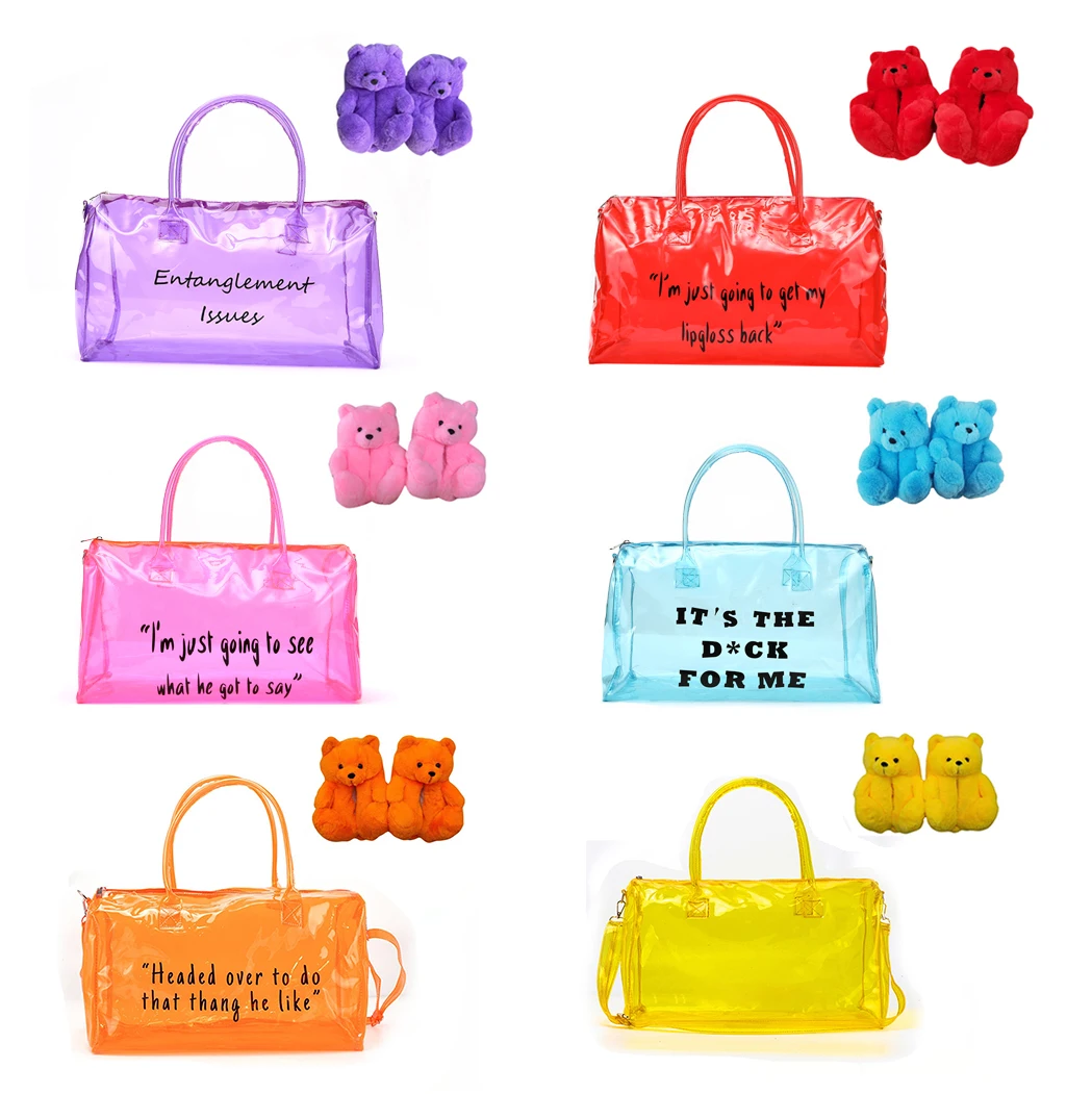 Pink duffle bag with Teddy bear slippers PVC bag transparent women slides and handbag set jelly black packing bags
Pink duffle bag with Teddy bear slippers PVC bag transparent women slides and handbag set jelly black packing bags
