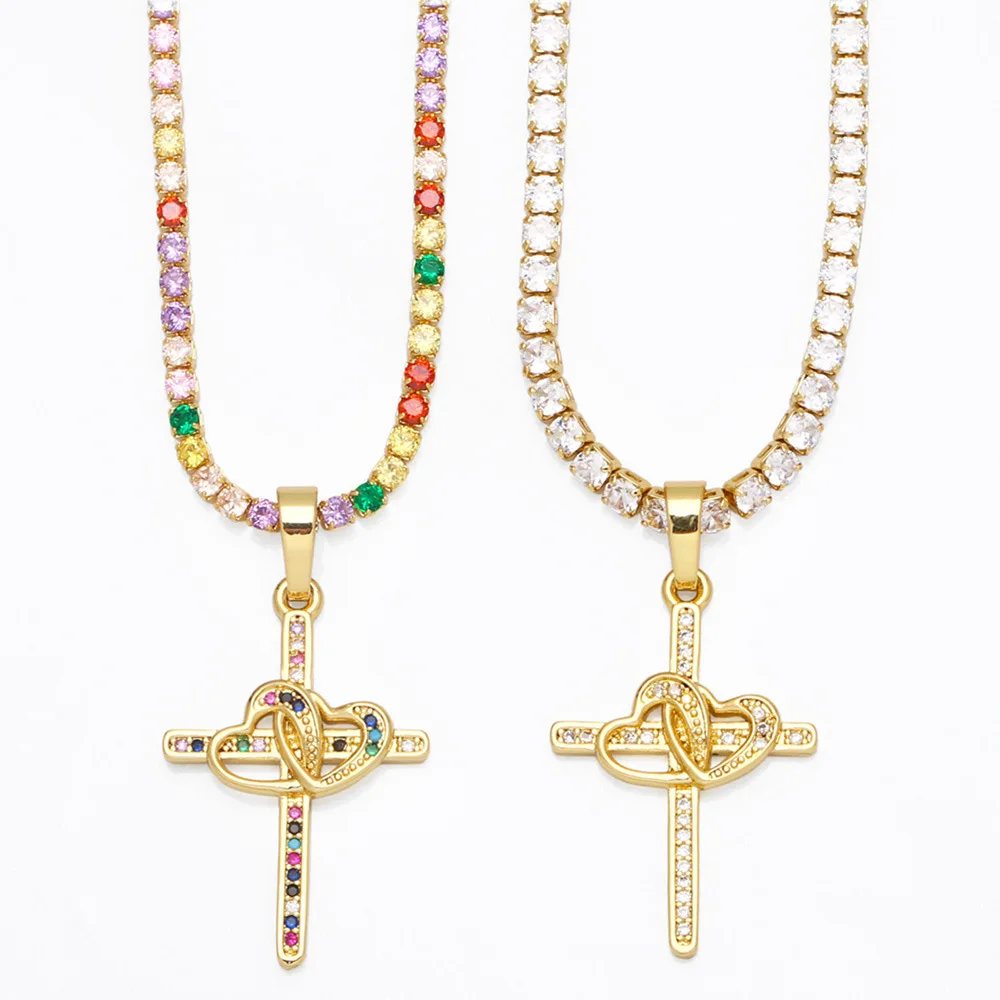 Women Hips Hop Jewelry Real 18k Gold Plated Rainbow CZ Crystal Tennis Necklace Colored Cubic Zircon Cross Necklace with Heart
Women Hips Hop Jewelry Real 18k Gold Plated Rainbow CZ Crystal Tennis Necklace Colored Cubic Zircon Cross Necklace with Heart