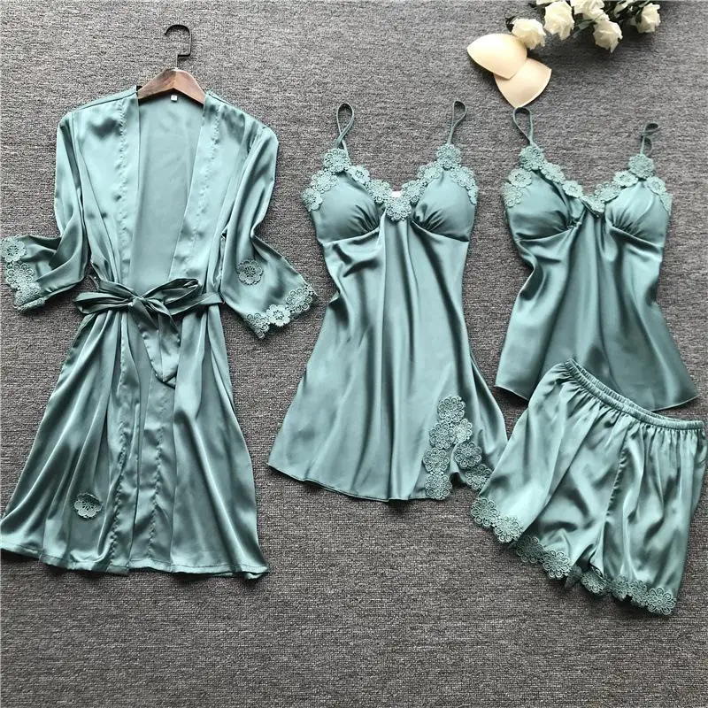 2021 Summer New 4 Pcs Set Women Pyjama Satin High Quality Lace Sexy Sleepwear With Chest Pad Pajamas
2021 Summer New 4 Pcs Set Women Pyjama Satin High Quality Lace Sexy Sleepwear With Chest Pad Pajamas