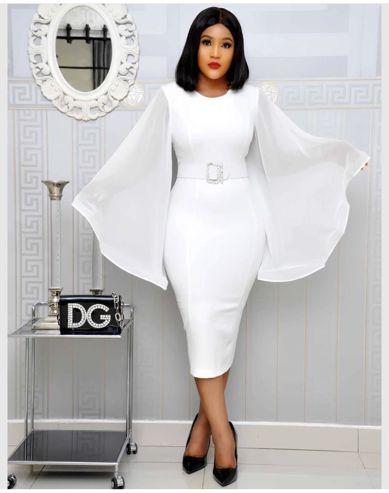 American African Fashion Women Dress Slim Round Neck Loose Dig Sleeves With Diamond Big Belt Office Wear, Picture shown
American African Fashion Women Dress Slim Round Neck Loose Dig Sleeves With Diamond Big Belt Office Wear, Picture shown