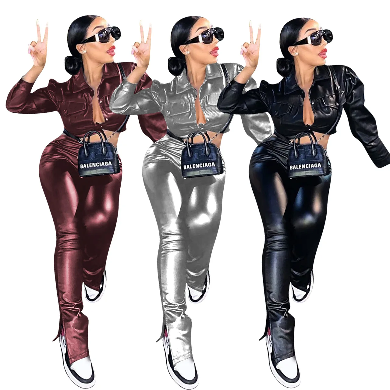 new arrival 2021 plus size women clothing pu stack leather pants 2 piece set for women
new arrival 2021 plus size women clothing pu stack leather pants 2 piece set for women