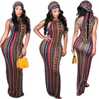 Lady Fashion Striped Long Maxi Boho Bohemian Summer Dress Women with Headscarf
