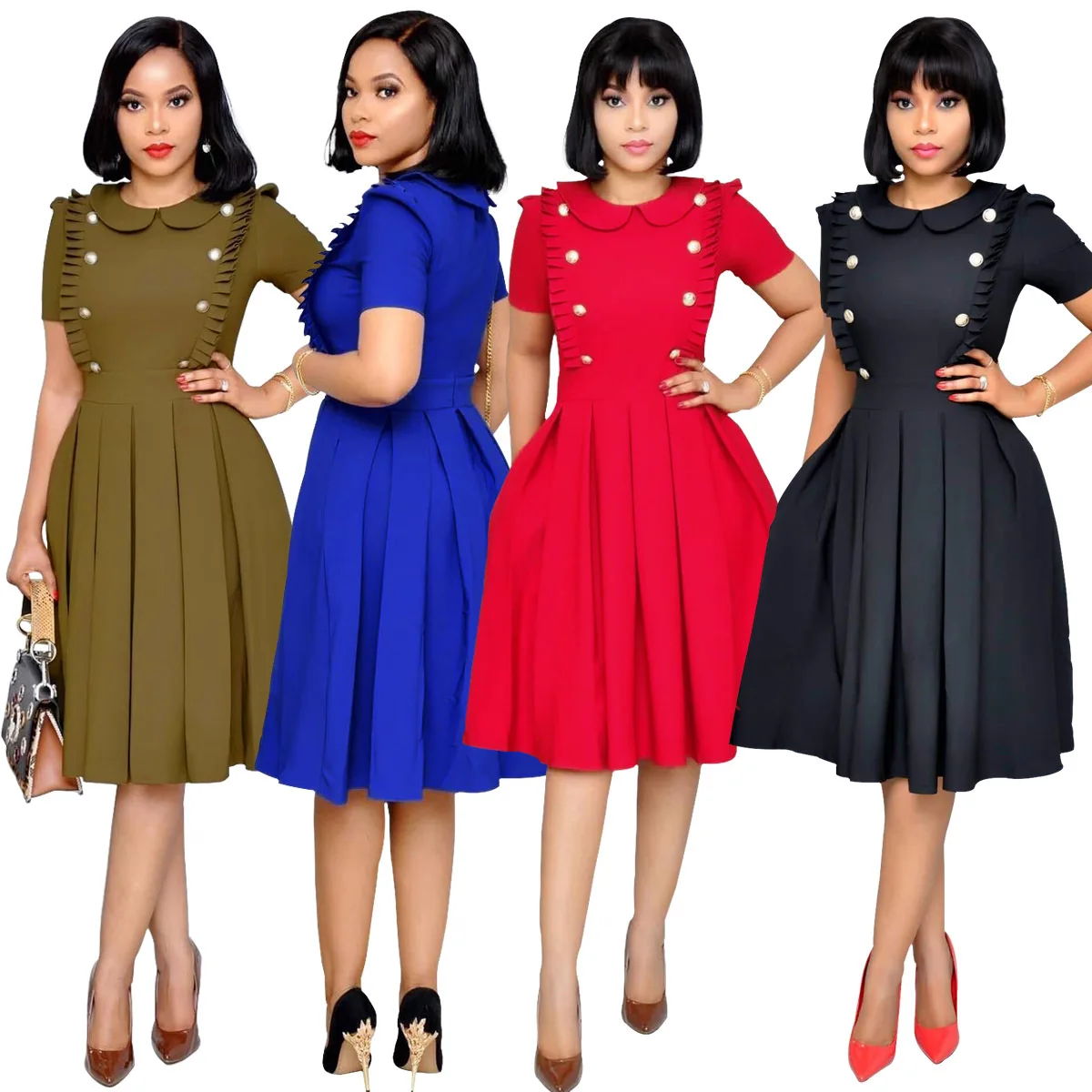 B54383A Wholesale western women fashion OL style short sleeve dress, Red/black/blue/army green
B54383A Wholesale western women fashion OL style short sleeve dress, Red/black/blue/army green