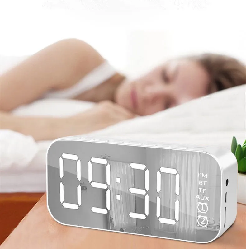 Wireless BT mirror Dual alarm clock mini Speaker LED mirror time clock with card playback, Black,red
Wireless BT mirror Dual alarm clock mini Speaker LED mirror time clock with card playback, Black,red