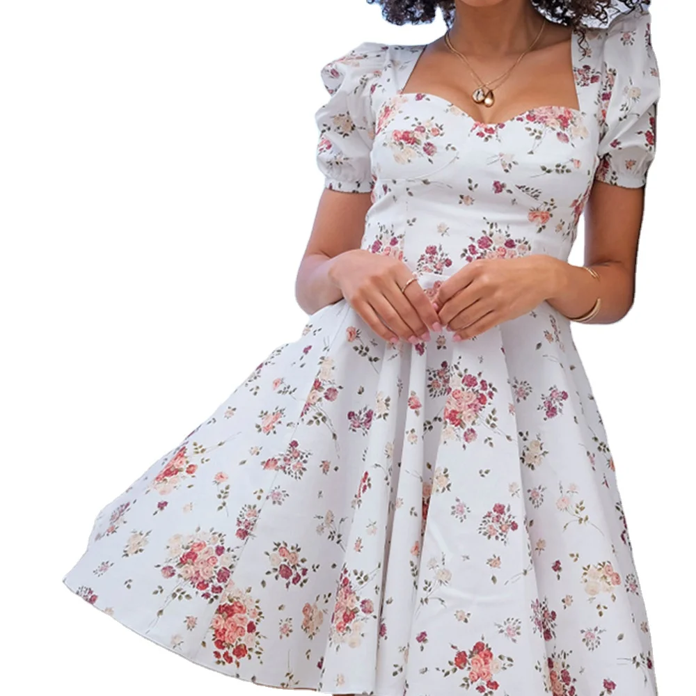 Wholesale women's apparel in stock floral square neck sweetheart vintage A line dress, White
Wholesale women's apparel in stock floral square neck sweetheart vintage A line dress, White