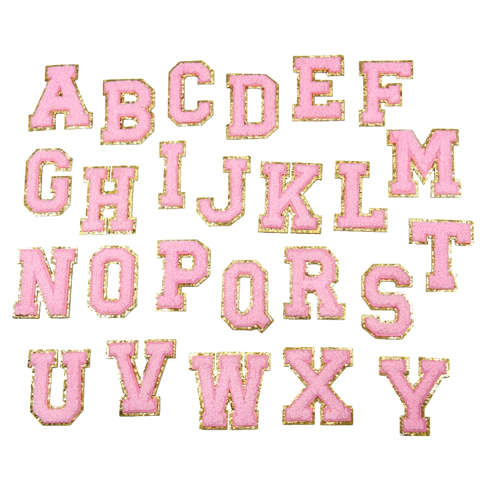 Custom Fashion Pink Embroidered Gold Glitter edge Letter Chenille Patches For Clothing
Custom Fashion Pink Embroidered Gold Glitter edge Letter Chenille Patches For Clothing