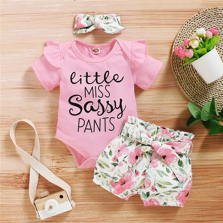 Wholesale Girls Clothes Kids Short Sleeve Rompers with Letter+Floral Shorts+Headband 3 Piece Kids Outfit Children Summer Sets, Pink 
Wholesale Girls Clothes Kids Short Sleeve Rompers with Letter+Floral Shorts+Headband 3 Piece Kids Outfit Children Summer Sets, Pink
