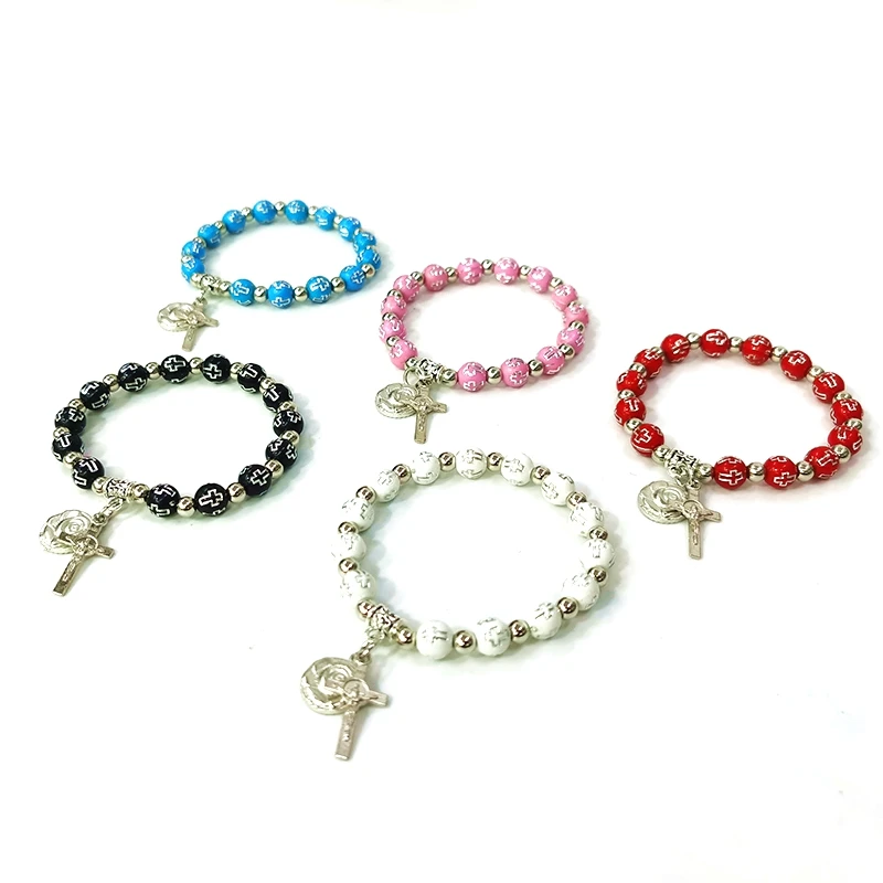 Elastic Cord Various Colors of Acrylic Beads with Carved Cross Bracelet Christmas Gift with Alloy Rose Medal & Cross
Elastic Cord Various Colors of Acrylic Beads with Carved Cross Bracelet Christmas Gift with Alloy Rose Medal & Cross