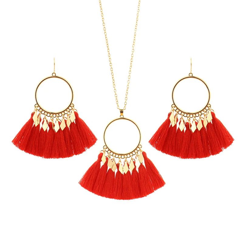 Bohemian Colorful Tassel Necklace Earrings Set Hand-Woven Earrings Plated Gold Sweater Chain Women Clothing Jewelry Set, Shown
Bohemian Colorful Tassel Necklace Earrings Set Hand-Woven Earrings Plated Gold Sweater Chain Women Clothing Jewelry Set, Shown