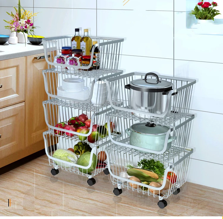 Design Modern 3 Tier Stackable Metal Storage Organizer Kitchen vegetable basket stand with Wheels 