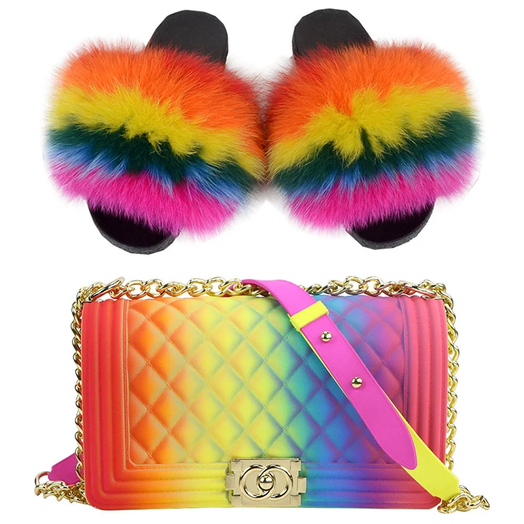 Wholesale Real Fur Slides And Matching Purse Set Rainbow Color Fox Fur Slides Slippers And Cross-body Jelly Bag Set, Black, red, green,pink, multicolor, ect
Wholesale Real Fur Slides And Matching Purse Set Rainbow Color Fox Fur Slides Slippers And Cross-body Jelly Bag Set, Black, red, green,pink, multicolor, ect