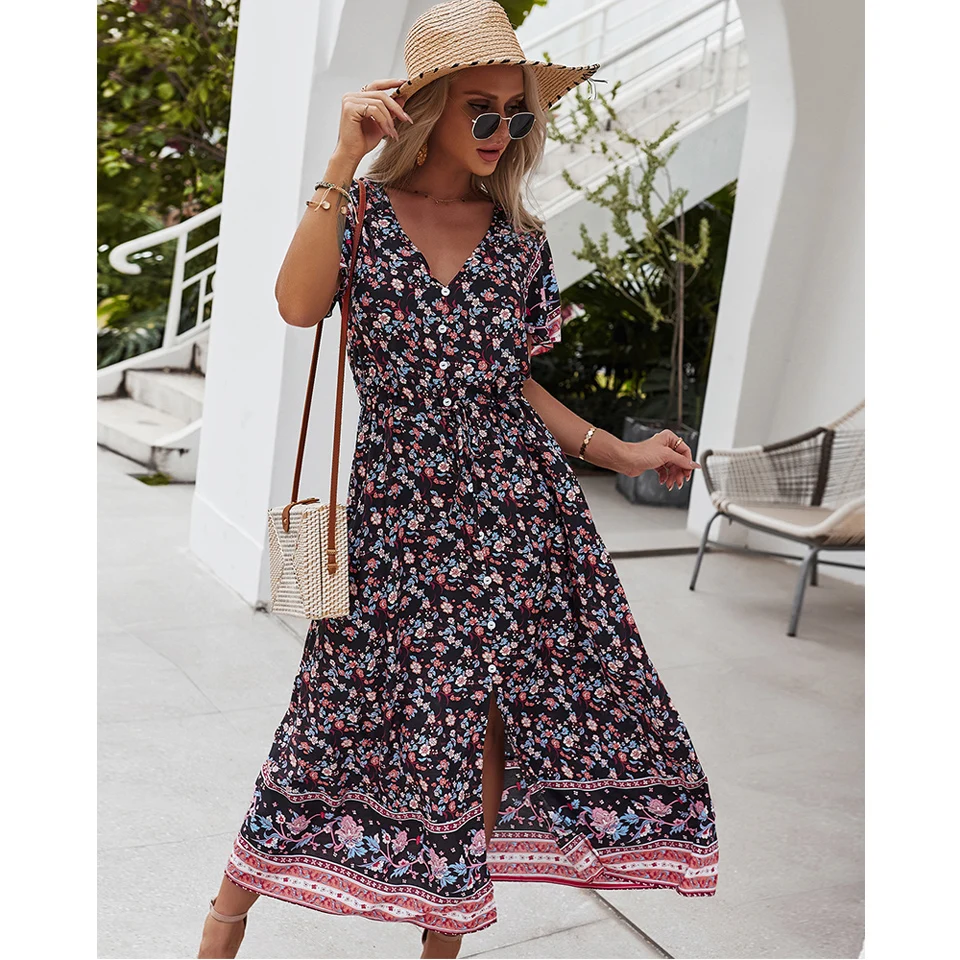 Woman Dresses Women 2021 New Arrivals Short Sleeve Sexy V Neck Maxi Long Floral Beach Dress Lady Elegant Button Down Dress
Woman Dresses Women 2021 New Arrivals Short Sleeve Sexy V Neck Maxi Long Floral Beach Dress Lady Elegant Button Down Dress