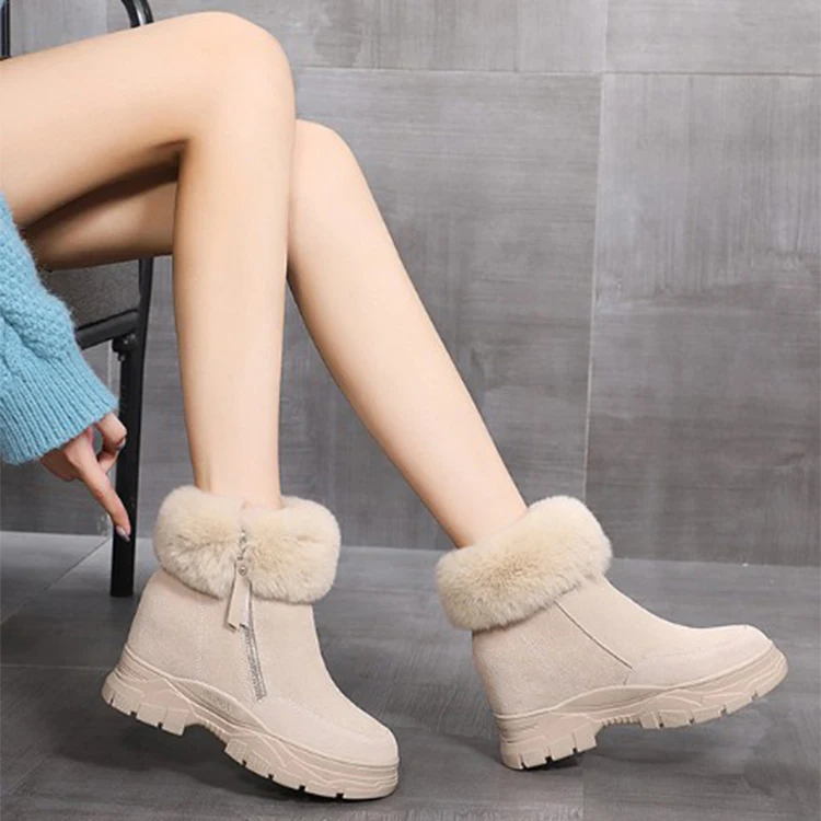 High quality genuine leather cow suede soft Rabbit fur collar thick chunky sole Ankle height warm winter snow boot for women
High quality genuine leather cow suede soft Rabbit fur collar thick chunky sole Ankle height warm winter snow boot for women