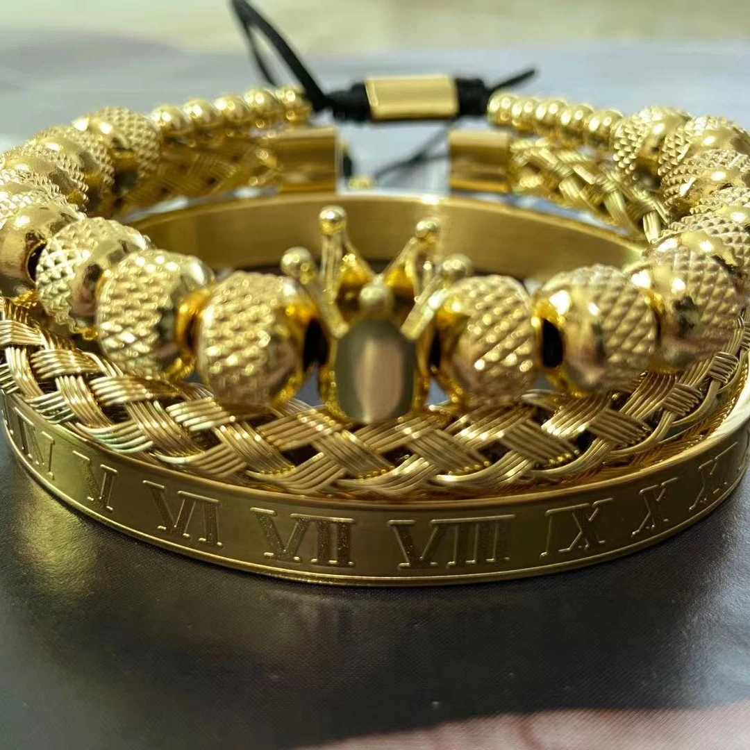 European Luxury Men's Jewelry 3Pcs/Set 18K Gold Stainless Steel Roman Cuff Bangle Royal King Crown Bracelet Set
European Luxury Men's Jewelry 3Pcs/Set 18K Gold Stainless Steel Roman Cuff Bangle Royal King Crown Bracelet Set