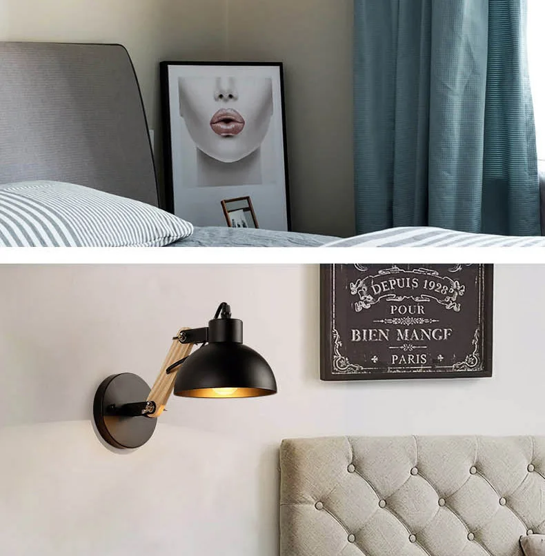 Industrial Loft Metal Round Dome Shaded Retro wood Indoor Wall Sconce with Adjustable Head