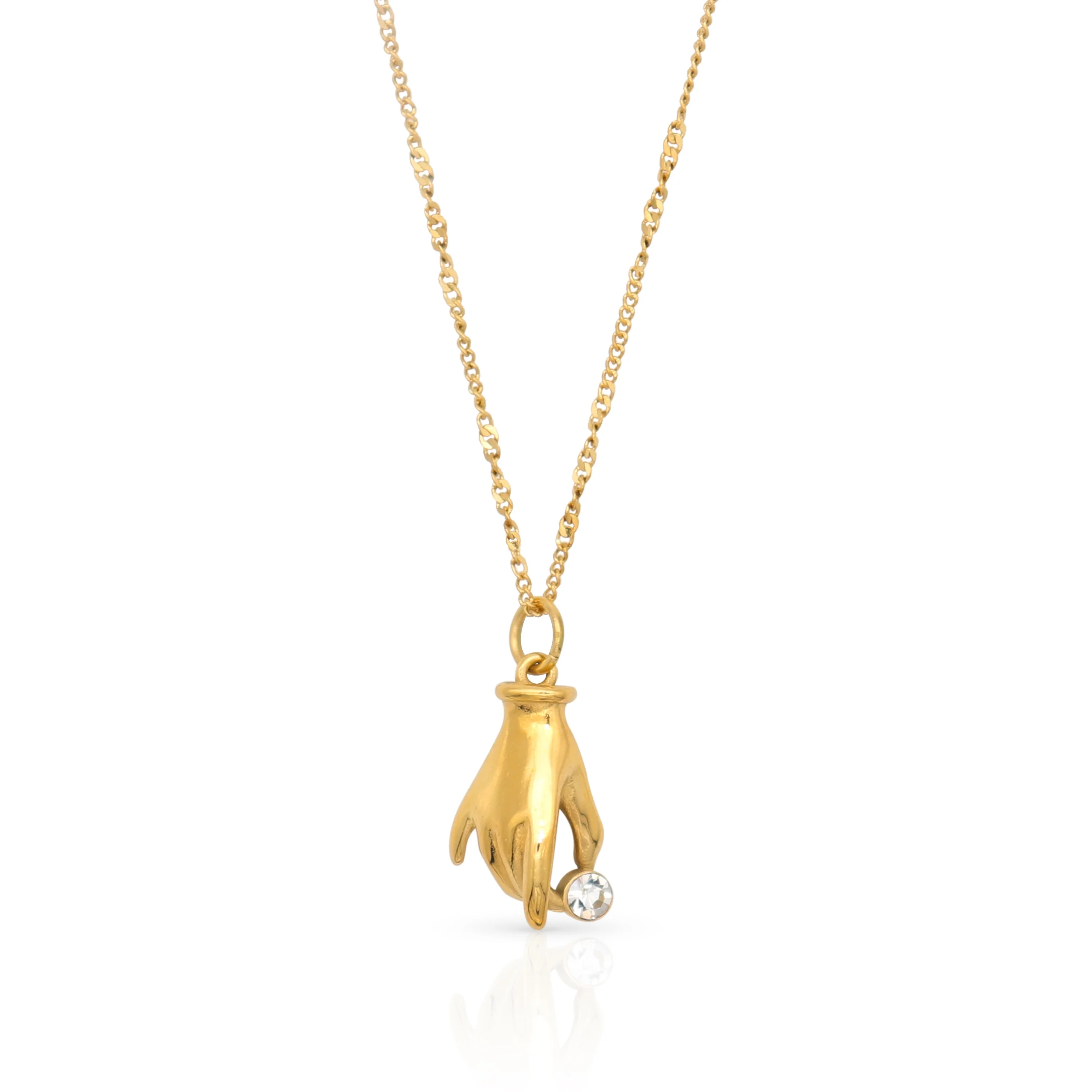 Chris April fashion jewelry personality 316L Stainless steel PVD gold plated hand pendant necklaces with zircon
Chris April fashion jewelry personality 316L Stainless steel PVD gold plated hand pendant necklaces with zircon