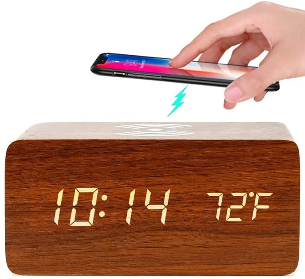 

Wooden LED Digital Sound Control Temperature QI Wireless Charger Alarm Clock Adjustable Brightness