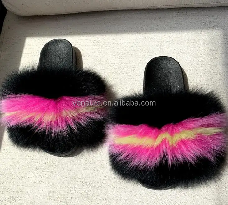 Indoor or outdoor women customized fluffy fox fur slides fashion rainbow colorful fur slippers, Customized color
Indoor or outdoor women customized fluffy fox fur slides fashion rainbow colorful fur slippers, Customized color