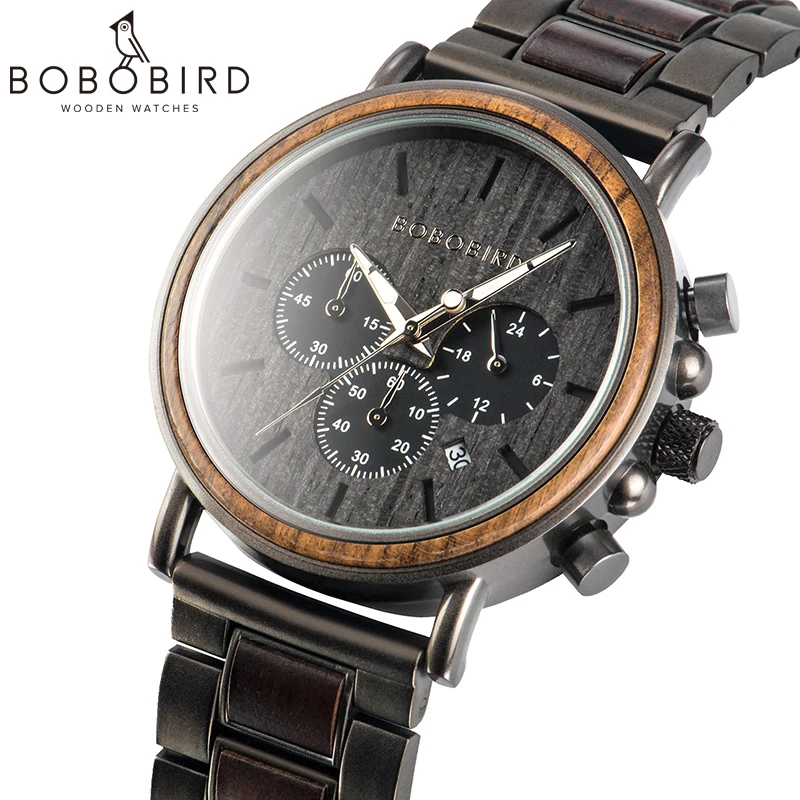 BOBO BIRD Montre Homme Black Stainless Steel Military Watches Wooden Strap Stop Function Watches Mens Luxury Wood Watch in Gift
BOBO BIRD Montre Homme Black Stainless Steel Military Watches Wooden Strap Stop Function Watches Mens Luxury Wood Watch in Gift