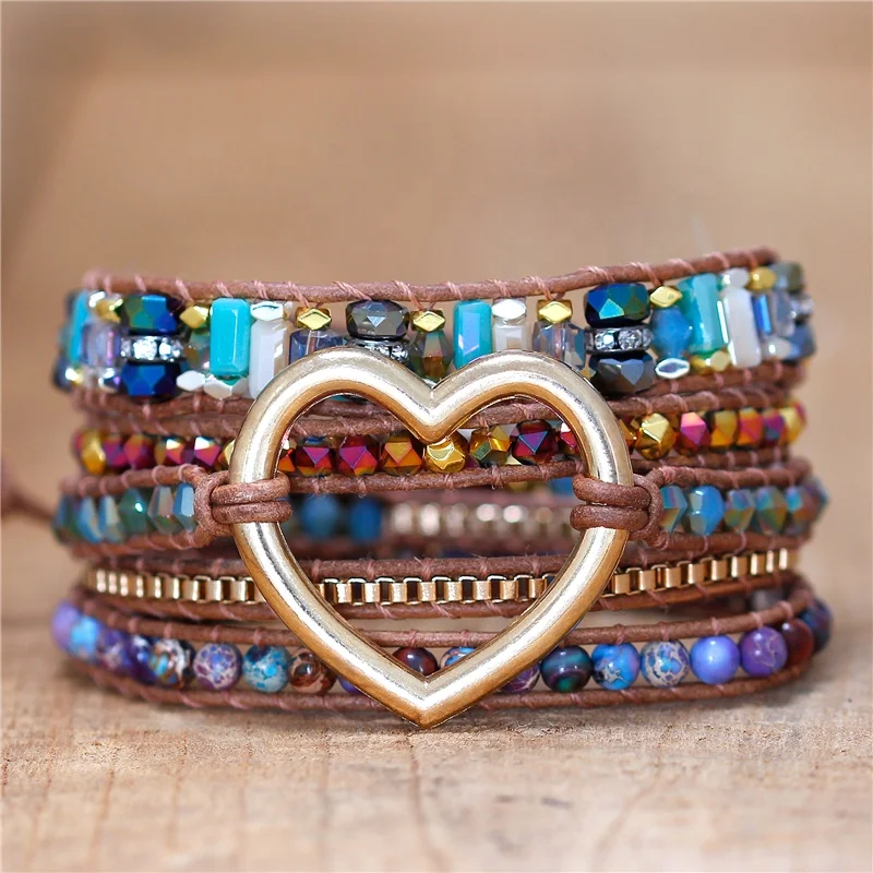 Natural Stone Bead wrap bracelet high end 5 rows bead leather bracelet Gold heart charm bracelet Gemstone Art jewelry Wholesale
Natural Stone Bead wrap bracelet high end 5 rows bead leather bracelet Gold heart charm bracelet Gemstone Art jewelry Wholesale