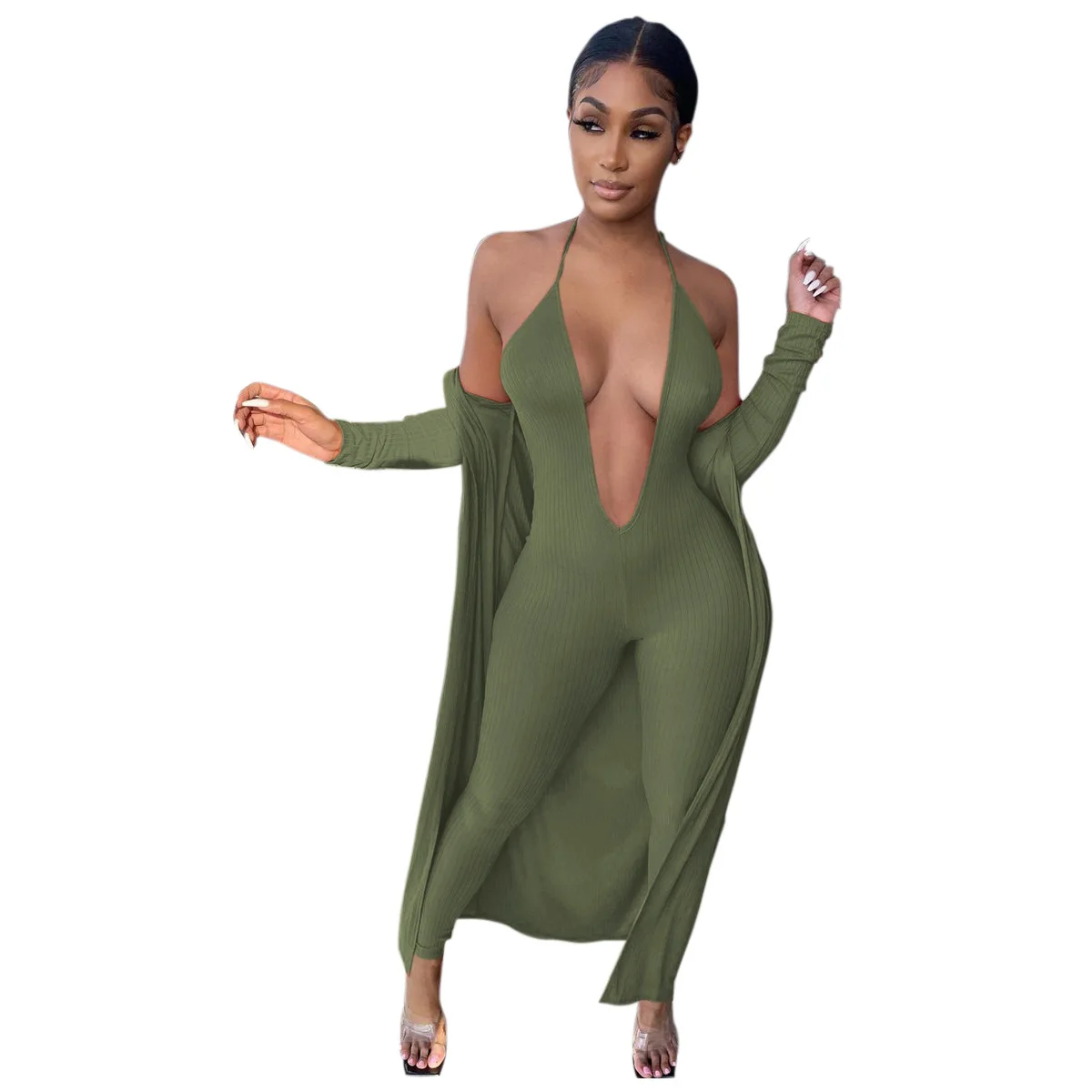 2021 New Deep V-neck Suspenders Halter Bodycon Clubwear Ankle Two-piece Sets with Jumpsuit and Coat for Women Wholesale OEM ODM
2021 New Deep V-neck Suspenders Halter Bodycon Clubwear Ankle Two-piece Sets with Jumpsuit and Coat for Women Wholesale OEM ODM