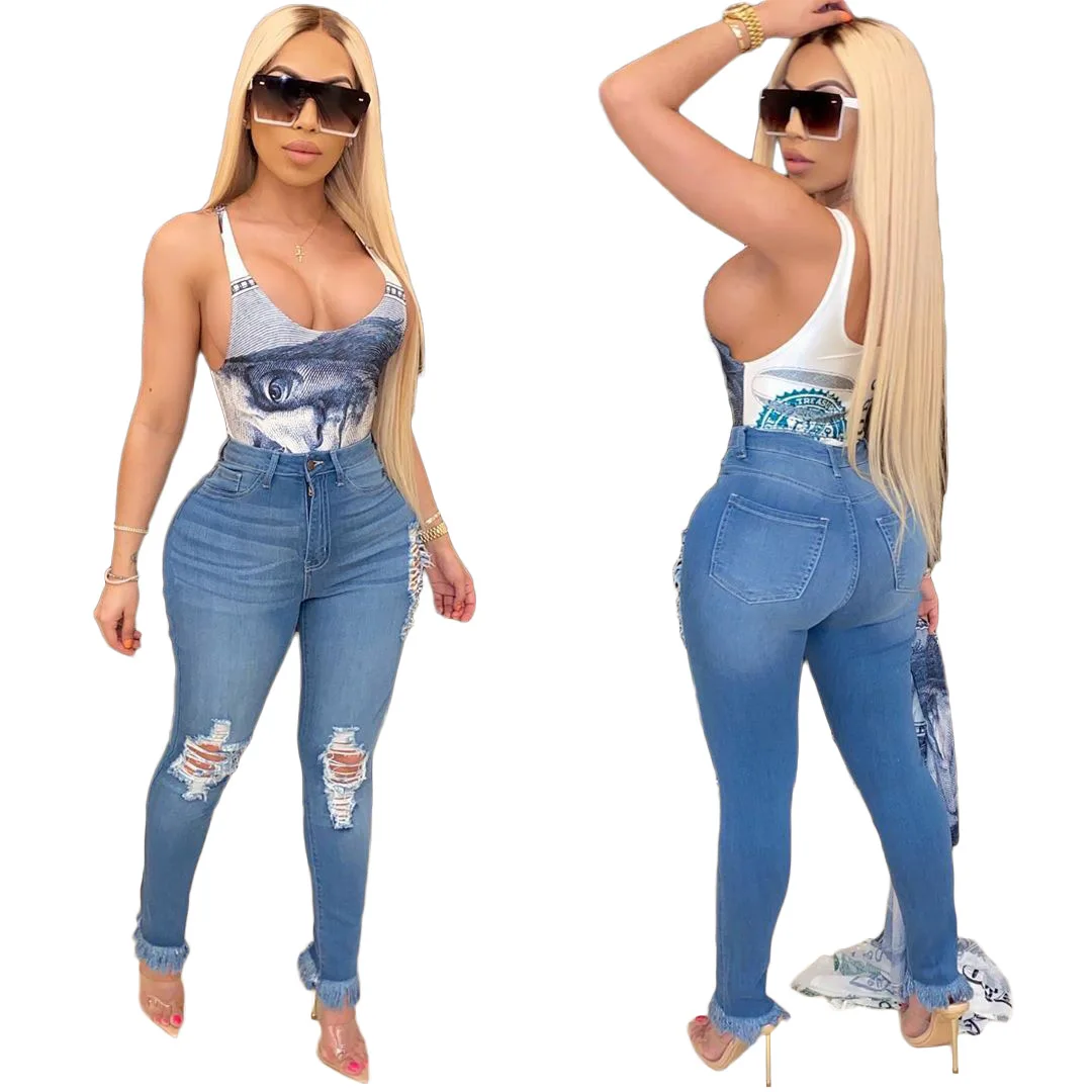 High quality fashion customized wholesale sexy skinny high waist fringed ragged jeans women, Blue
High quality fashion customized wholesale sexy skinny high waist fringed ragged jeans women, Blue