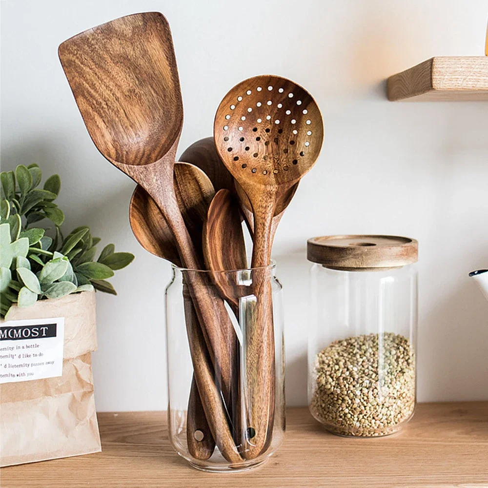 Teak Tableware Spoon Colander Long Handle Spoon Wooden Non-stick Special Spatula Kitchen Tool Set
Teak Tableware Spoon Colander Long Handle Spoon Wooden Non-stick Special Spatula Kitchen Tool Set