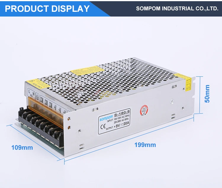 sompom high efficiency 9V 20A 180W switching model power supply for LED Display