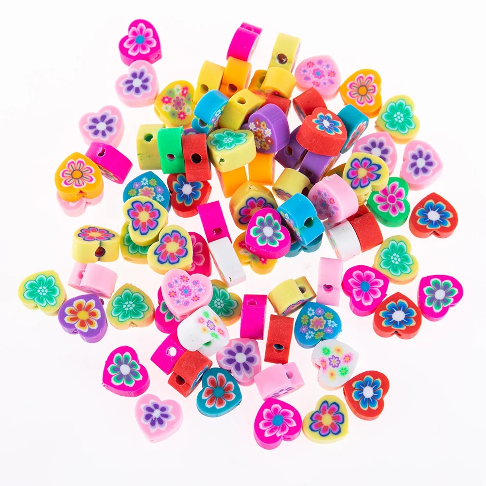 

Cute Mixed Color Love Heart Flower Pattern Beads Polymer Clay Loose Beads For Necklace DIY Making Bracelet Accessories, Picture