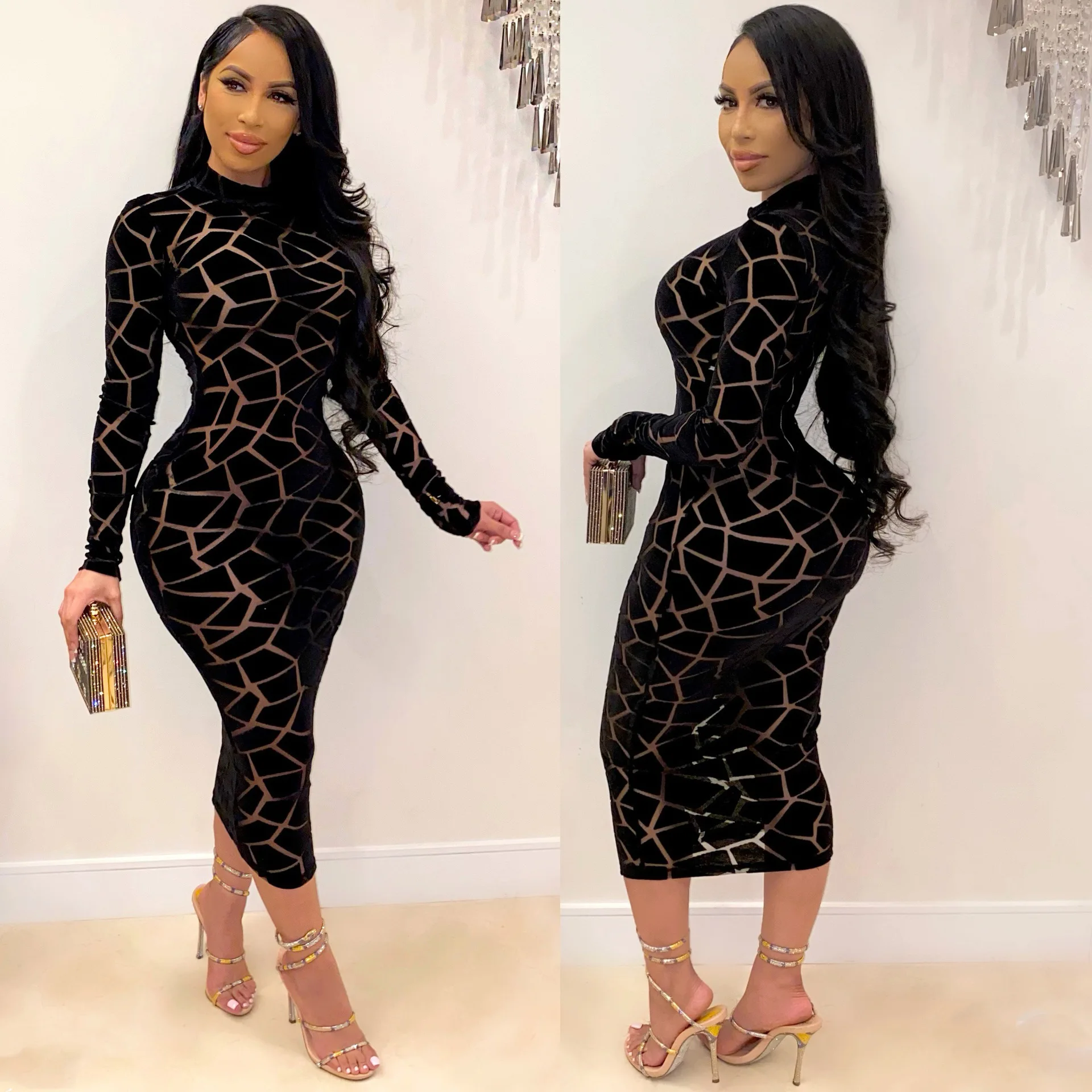 Spring Fashion Women's Clothing Black Dress Stretch Sexy Print Mesh round Neck Long Sleeve Tight Club Evening Dresses
Spring Fashion Women's Clothing Black Dress Stretch Sexy Print Mesh round Neck Long Sleeve Tight Club Evening Dresses