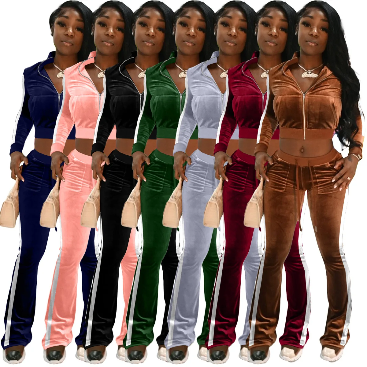 M2539 - pants and crop top fashion color blocking zipper rib knit flare long sleeve velvet women 2 piece set
M2539 - pants and crop top fashion color blocking zipper rib knit flare long sleeve velvet women 2 piece set