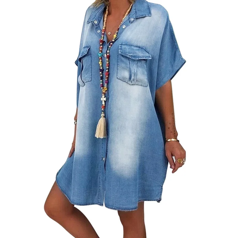 Summer new style European and American casual women's short-sleeved square-neck denim dress
Summer new style European and American casual women's short-sleeved square-neck denim dress