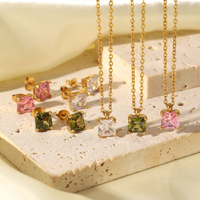 INS fashion new 18K gold stainless steel white/pink/green square zircon pendant necklace earring set accessories for women, Optional as picture,or customized
INS fashion new 18K gold stainless steel white/pink/green square zircon pendant necklace earring set accessories for women, Optional as picture,or customized