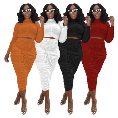 

Free Shipping Stacked Long Sleeve Top With Stacked Midi Skirt Suit Women Stretch Casual 2 Piece Skirt Set
