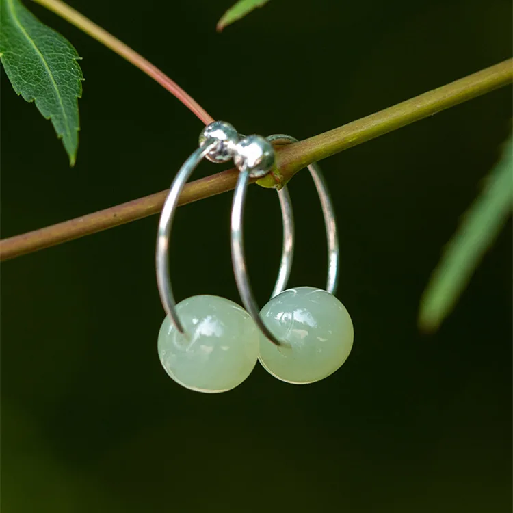

HeTian Jade S925 Sterling Silver Hoop Earrings Natural Stone Bead Earring For Women Jewelry