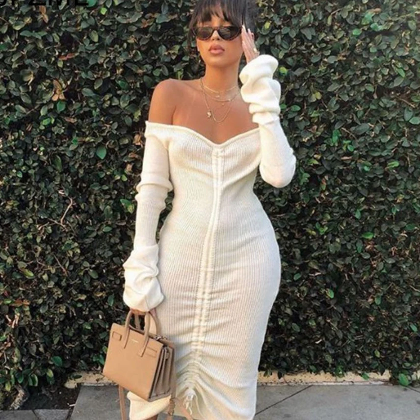 Front Strap Sexy Bandage Dress White Long-sleeved Women's Club Party Dress Autumn And Winter Strapless Dress
Front Strap Sexy Bandage Dress White Long-sleeved Women's Club Party Dress Autumn And Winter Strapless Dress
