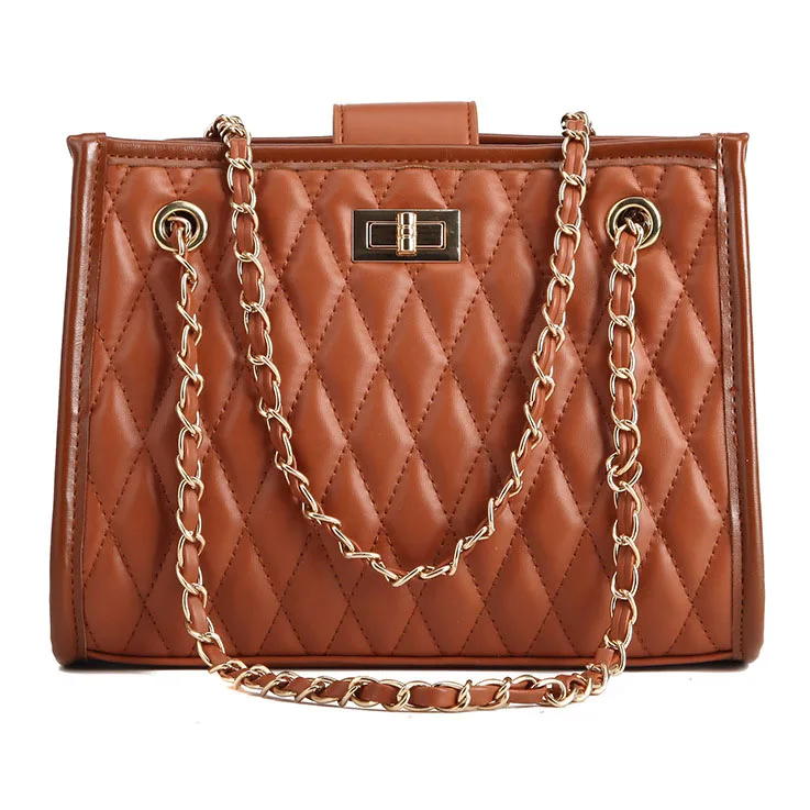 Pure Color Diamond Lattice Pattern Metal Chain Woman Casual Tote Handbag, Black/white/brown
Pure Color Diamond Lattice Pattern Metal Chain Woman Casual Tote Handbag, Black/white/brown
