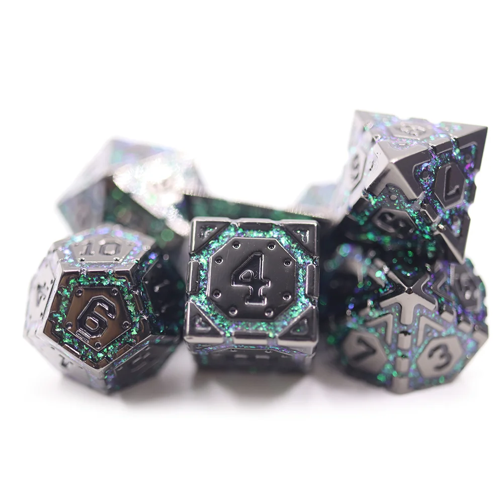 

Custom Dice dnd green mica glitter dice 7pcs polyhedral metal dice set for RPG Board Game