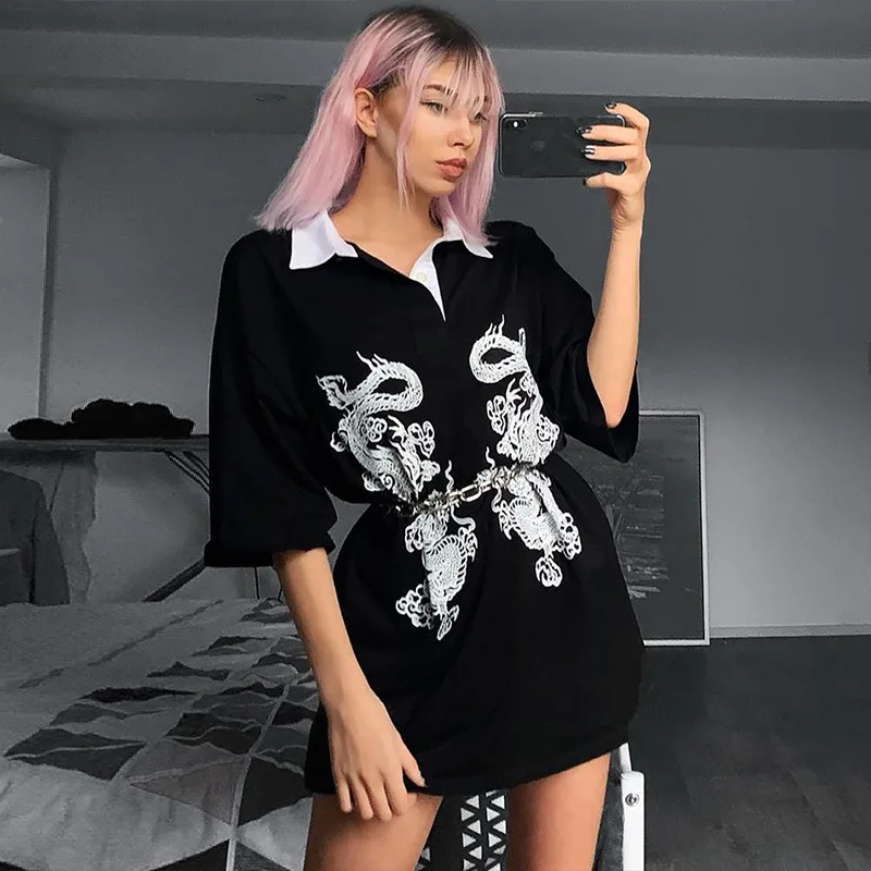 Gothic style dragon print Polo shirt punk loose all-match T-shirt for women, Picture
Gothic style dragon print Polo shirt punk loose all-match T-shirt for women, Picture