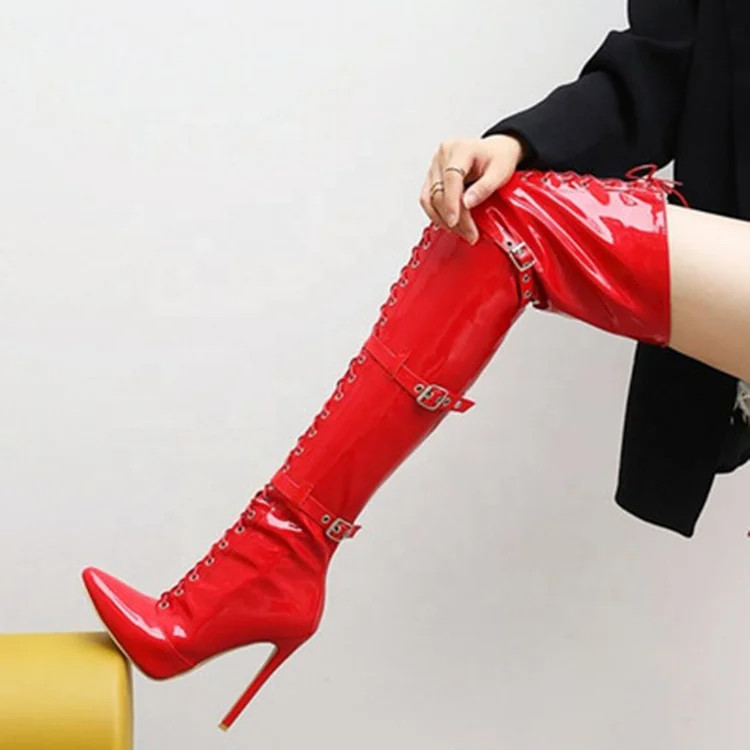 Ladies belt buckle lace up nightclub fashionable red patent leather over the knee boots super high heel boots large size 44-48, White,black,red
Ladies belt buckle lace up nightclub fashionable red patent leather over the knee boots super high heel boots large size 44-48, White,black,red