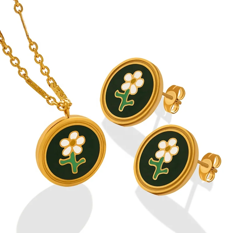 Hot Selling New Titanium Steel Water Drop Oil Flower Necklace Earrings Fashion Jewelry Set
Hot Selling New Titanium Steel Water Drop Oil Flower Necklace Earrings Fashion Jewelry Set