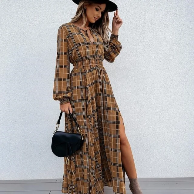 2022 Brand Designer Spring Fashion High Waist Chiffon Ladies Loose Dresses Plaid Slit Maxi Women's Casual Long Dress 
2022 Brand Designer Spring Fashion High Waist Chiffon Ladies Loose Dresses Plaid Slit Maxi Women's Casual Long Dress