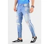 Hot sale stylish jeans for men hip hop slim fit strip track ripped embossing patched light blue denim trousers for male