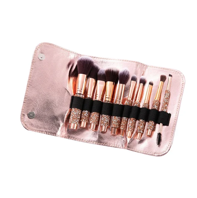 

Rose golden Glitter Handle 10pcs crystal diamond foundation brush set with PU bag makeup brushes, As pics