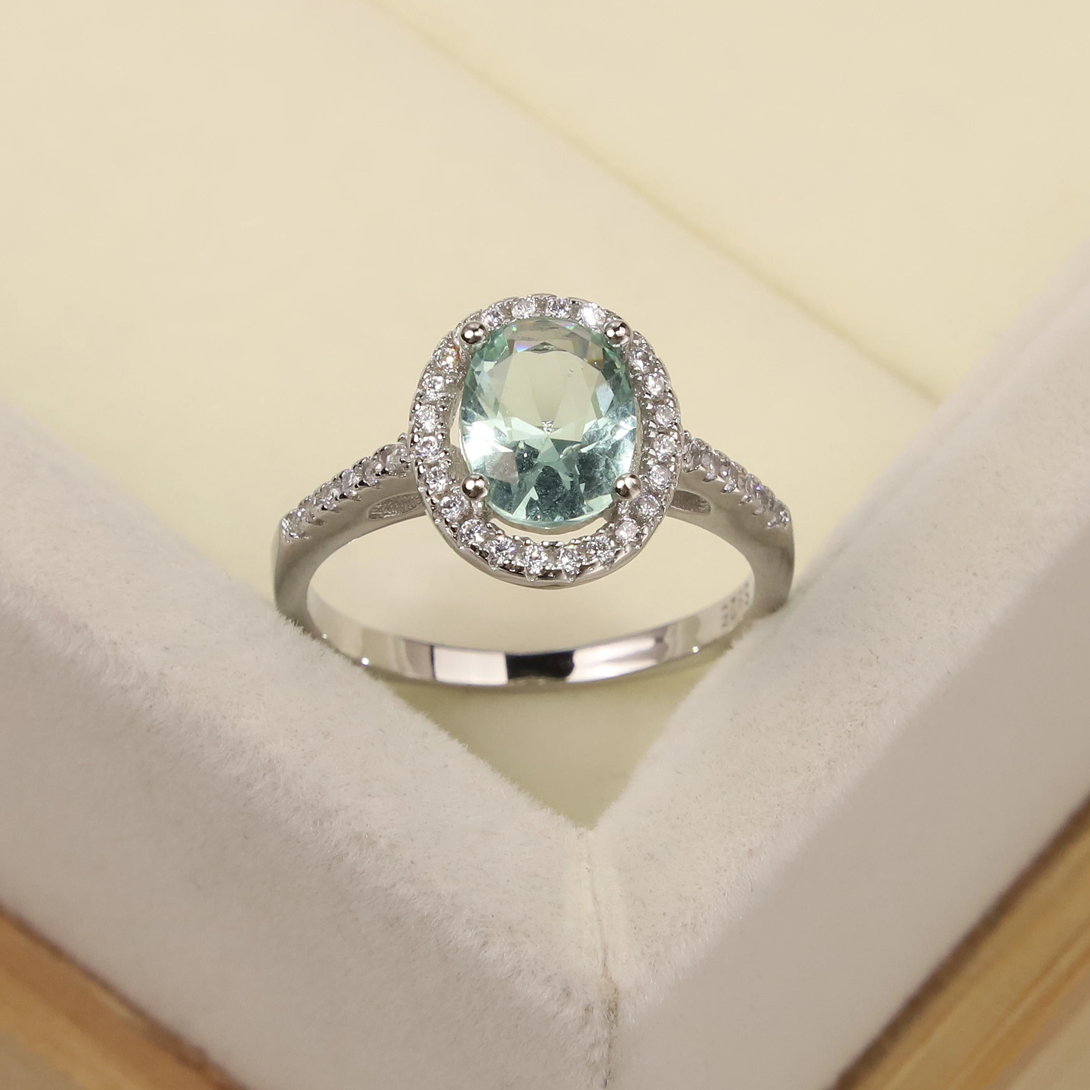 

European and American S925 Silver Ring women's fashion diamond inlaid with oval egg shaped green Topaz color gem engagement gift