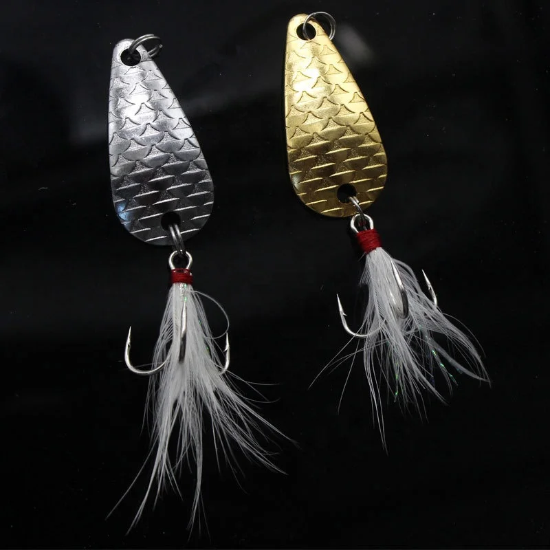 Factory supply fish scales shape metal spoon fish lure with feathers treble hooks spoon lure hard bait, Gold/silver
Factory supply fish scales shape metal spoon fish lure with feathers treble hooks spoon lure hard bait, Gold/silver
