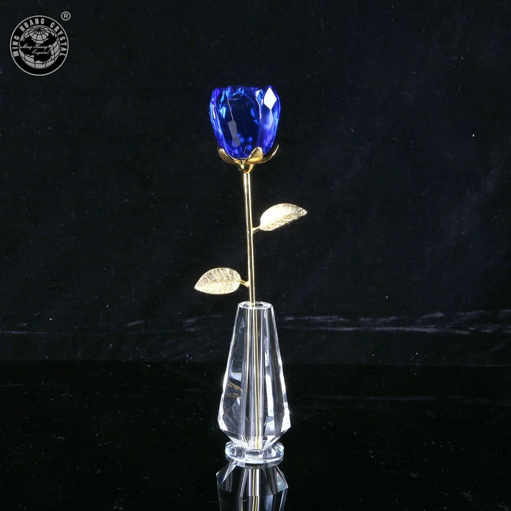 mh-f007 romantic wedding gift blue crystal rose flower in vase