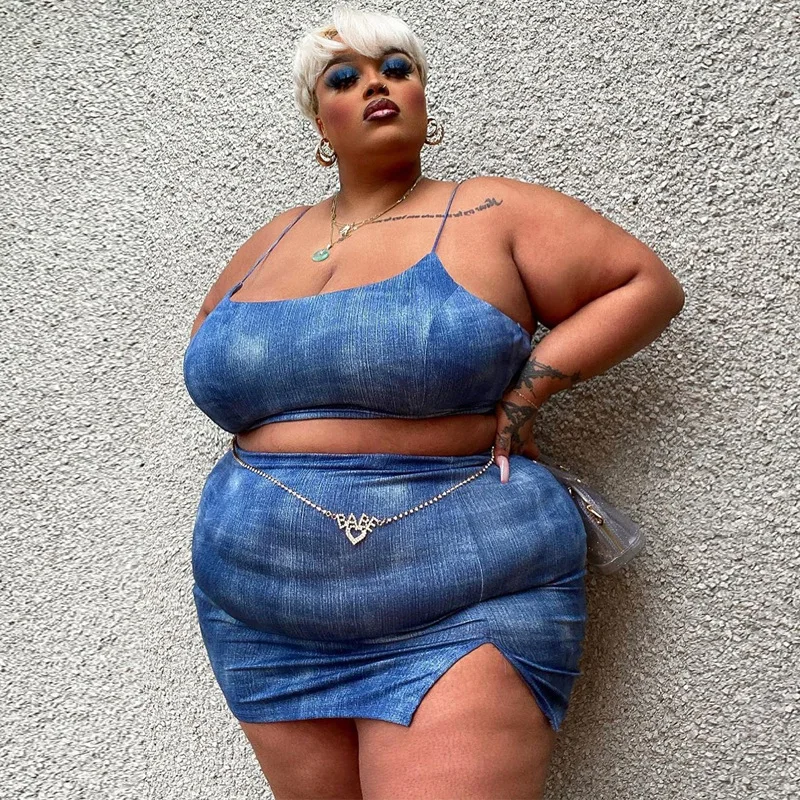 Split Hem Spaghetti Strap Women Plus Size Sexy Clothing Two Piece Skirt Set Ladies Oversized Denim Tank Top And Mini skirt suit, Blue
Split Hem Spaghetti Strap Women Plus Size Sexy Clothing Two Piece Skirt Set Ladies Oversized Denim Tank Top And Mini skirt suit, Blue