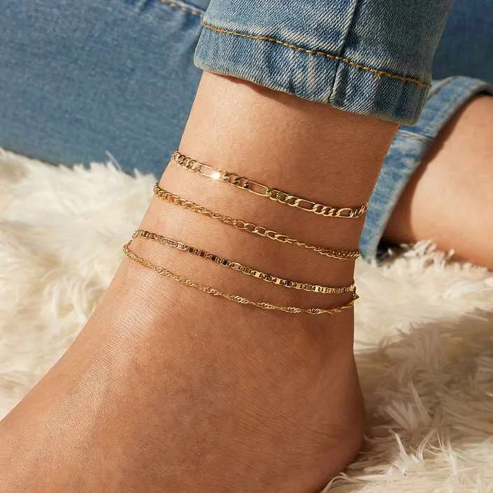 European and American cross-border new multi-layer alloy anklet set of 4 pieces, creative retro simple chain anklet, Silver,gold
European and American cross-border new multi-layer alloy anklet set of 4 pieces, creative retro simple chain anklet, Silver,gold